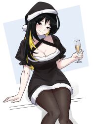 Rule 34 | 1girl, binah (project moon), black dress, black eyes, black hair, black pantyhose, blonde hair, breasts, champagne flute, closed mouth, colored inner hair, cup, dress, drinking glass, fur-trimmed dress, fur trim, highres, large breasts, library of ruina, long hair, looking at viewer, multicolored hair, pantyhose, project moon, puffy short sleeves, puffy sleeves, short sleeves, sitting, smile, solo, vvernerluniq