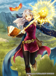 Rule 34 | 1girl, :d, armpits, bangle, bare shoulders, belt, bird, black gloves, black pantyhose, blue scarf, boots, bracelet, breasts, casting spell, copyright name, dress, elbow gloves, fingerless gloves, fire emblem, fire emblem: radiant dawn, fire emblem cipher, gloves, grass, hair ribbon, half updo, jewelry, kita senri, light particles, long hair, looking at viewer, magic, micaiah (fire emblem), nintendo, official art, open mouth, outdoors, pantyhose, ribbon, scarf, side slit, silver hair, sleeveless, sleeveless dress, smile, solo, yellow eyes, yune (fire emblem)