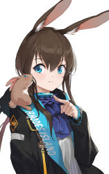 Rule 34 | 1girl, absurdres, amiya (arknights), animal, animal ear fluff, animal ears, animal on shoulder, arknights, black jacket, blue eyes, blue neckwear, brown hair, commentary, hair between eyes, hand up, highres, hlyzz, jacket, long hair, long sleeves, open clothes, open jacket, ponytail, rabbit, rabbit ears, shirt, sidelocks, simple background, solo, upper body, white background, white shirt