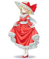 Rule 34 | 1girl, blonde hair, bow, capelet, closed eyes, closed mouth, commentary request, curly hair, dress, dress bow, drill hair, elly (touhou), facing viewer, frilled dress, frilled shirt collar, frilled sleeves, frills, full body, hat, hat bow, hat ribbon, high heels, highres, juliet sleeves, lace, lace-trimmed capelet, lace-trimmed dress, lace-trimmed headwear, lace trim, light blush, long dress, long sleeves, medium hair, neck ribbon, pantyhose, parted bangs, puffy sleeves, pumps, red bow, red dress, red footwear, red ribbon, ribbon, s-a-murai, shoes, sidelocks, simple background, skirt hold, smile, solo, standing, sun hat, touhou, touhou (pc-98), twin drills, white background, white bow, white capelet, white hat, white pantyhose