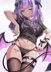 Rule 34 | 1girl, absurdres, bibi (tokoyami towa), black panties, black ribbon, black shirt, bow, breasts, closed eyes, clothes writing, commentary, cowboy shot, crop top, demon tail, demon wings, english commentary, gradient background, grey background, grey bow, hair bow, hair ornament, hair ribbon, highres, hololive, kkato, large breasts, long hair, low wings, midriff, navel, no pants, panties, purple background, purple hair, ribbon, shirt, solo, standing, stomach, tail, thigh strap, thighhighs, thighs, tokoyami towa, underwear, virtual youtuber, wings, wrist ribbon, x hair ornament