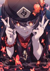 Rule 34 | 1girl, :q, absurdres, bead bracelet, beads, bracelet, brown coat, bug, butterfly, close-up, coat, double v, flower, flower-shaped pupils, genshin impact, hair between eyes, hat, hat flower, highres, hizuki miya, hu tao (genshin impact), insect, jewelry, looking at viewer, multiple rings, plum blossoms, porkpie hat, red butterfly, ring, solo, symbol-shaped pupils, tassel, tongue, tongue out, twintails, v