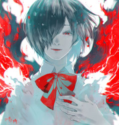 Rule 34 | 1girl, black hair, bow, bowtie, colored skin, commentary request, dated, grey hair, grey shirt, grey skin, hair over one eye, hand up, kagune (tokyo ghoul), kirishima touka, koujima shikasa, looking at viewer, red bow, red bowtie, red eyes, red lips, red ribbon, ribbon, school uniform, shirt, short hair, smile, solo, tokyo ghoul, upper body, white background