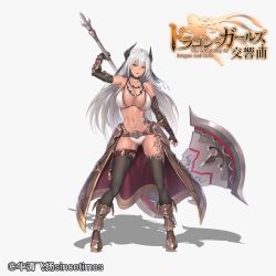 Rule 34 | 1girl, abs, armor, axe, bikini, bikini armor, black thighhighs, boots, breasts, fingerless gloves, gloves, highres, holding, holding axe, horns, jewelry, large breasts, limeblock, long hair, looking at viewer, navel, official art, orange eyes, pendant, silver hair, smile, solo, swimsuit, the symphony of dragon and girls, thighhighs, very long hair, warrior