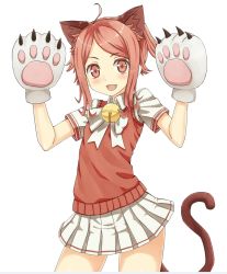 Rule 34 | animal ears, animal hands, arms up, bell, cat ears, colored eyelashes, elin, fang, gloves, jd (bibirijd), jingle bell, paw gloves, ponytail, red eyes, red hair, shirt, short hair, skirt, smile, solo, sweater vest, tail, tera online