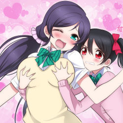 Rule 34 | 2girls, aqua eyes, black hair, blush, bow, bowtie, grabbing another&#039;s breast, breasts, cardigan, clenched teeth, commentary, grabbing, grabbing from behind, green bow, heart, heart background, highres, large breasts, long hair, love live!, love live! school idol project, low twintails, lower teeth only, multiple girls, one eye closed, open mouth, otonokizaka school uniform, pink cardigan, purple hair, raised eyebrows, red eyes, school uniform, shirt, short hair, short sleeves, short twintails, signature, single bang, striped, striped bow, summer uniform, surprised, tearing up, teeth, tongue, tojo nozomi, twintails, upper teeth only, v-shaped eyebrows, vest, white shirt, wince, yazawa nico, yellow vest, zero-theme