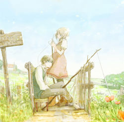 Rule 34 | 1boy, 1girl, blue eyes, bridge, brown hair, commentary, day, dress, fishing, fishing rod, flower, grass, horizon, kujyoo, light particles, muted color, nature, original, outdoors, path, plant, puffy short sleeves, puffy sleeves, road, rural, short hair, short sleeves, sign, sitting, sky, tree