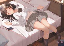 Rule 34 | 1girl, ball, basketball (object), bed sheet, black bow, black bowtie, black socks, blush, bow, bowtie, breasts, brown hair, cellphone, closed eyes, collarbone, commentary request, earbuds, earphones, grey skirt, hair ornament, hairclip, indoors, light particles, lying, medium hair, minato ojitan, navel, on back, on bed, open mouth, original, panties, partially undressed, phone, pillow, pleated skirt, school uniform, skirt, sleeping, small breasts, smartphone, socks, solo, sunlight, tan, underwear, white panties