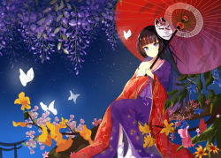 Rule 34 | 1girl, absurdres, bare shoulders, blue eyes, blue flower, blunt bangs, breasts, bug, butterfly, cherry blossoms, closed mouth, commentary request, expressionless, floral print, flower, fox mask, full body, glowing, highres, insect, japanese clothes, kimono, knees together feet apart, leaf, long hair, looking at viewer, mask, mask on head, medium breasts, nanoda002 (saber427), night, night sky, off shoulder, oil-paper umbrella, original, outdoors, pink flower, purple flower, red flower, sitting, sky, socks, solo, star (sky), starry sky, umbrella, v-shaped eyebrows, yellow flower