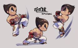Rule 34 | abs, belt, black eyes, chibi, closed mouth, facial scar, fighting stance, grey background, heterochromia, highres, kicking, kotorai, looking ahead, mishima kazuya, motion lines, multiple views, pants, pectorals, purple belt, red eyes, scar, scar on arm, scar on cheek, scar on chest, scar on face, signature, tekken, thick eyebrows, toned, toned male, translation request, v-shaped eyebrows, white pants