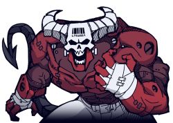 Rule 34 | 1boy, abs, bandaged hand, barcode, barcode tattoo, belt, bolt, collarbone, colored skin, cowboy shot, demon, demon boy, demon tail, exposed muscle, forehead tattoo, hand up, helltaker, hollow eyes, horns, leaning forward, looking at viewer, male focus, muscular, muscular male, official art, open mouth, pants, red skin, simple background, skull, solo, standing, stitches, subject 67 (helltaker), tail, tattoo, teeth, transparent background, vanripper, veins, white pants