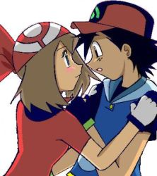 Rule 34 | ash ketchum, bandana, black eyes, black hair, blue eyes, blush, brown hair, couple, creatures (company), eye contact, fingerless gloves, game freak, gloves, hand on shoulder, happy, hat, hug, imminent kiss, looking at another, lowres, may (pokemon), nintendo, open mouth, pokemon, pokemon (anime), short hair, shy