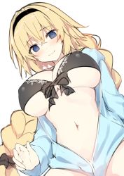 Rule 34 | 1girl, bikini, black bikini, blonde hair, blue eyes, blue jacket, braid, breasts, cleavage, commentary request, covered erect nipples, fate/grand order, fate (series), from below, hair between eyes, hairband, highres, jacket, jeanne d&#039;arc (fate), jeanne d&#039;arc (ruler) (fate), jeanne d&#039;arc (swimsuit archer) (fate), jeanne d&#039;arc (swimsuit archer) (first ascension) (fate), large breasts, long hair, looking at viewer, miko (royal milk), navel, ponytail, simple background, single braid, smile, solo, swimsuit, unfinished, very long hair, white background