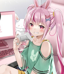 Rule 34 | 1girl, bare shoulders, chair, clothing cutout, collarbone, commentary request, controller, desk, fang, game controller, green shirt, grin, hair ornament, hand up, holding, indie virtual youtuber, indoors, keyboard (computer), layered skirt, long hair, looking at viewer, monitor, mouse (computer), multicolored hair, natsume eri, office chair, on chair, pink hair, red eyes, red hair, ribbon, shirt, short eyebrows, shoulder cutout, sitting, skirt, smile, solo, streaked hair, stuffed animal, stuffed rabbit, stuffed toy, swivel chair, thick eyebrows, tomari mari, twintails, very long hair, virtual youtuber, x hair ornament, yellow ribbon, yellow skirt