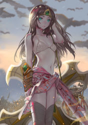 Rule 34 | 1boy, 1girl, aqua eyes, azir, bikini, bikini top only, bird, black hair, breasts, canking, evening, flat chest, forehead protector, kneehighs, league of legends, legs together, long hair, looking at viewer, looking away, looking to the side, midriff, navel, ruffling hair, sand, serious, sivir, socks, swimsuit, thighhighs, tiara, weapon, wrist guards