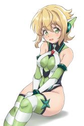 Rule 34 | 10s, 1girl, akatsuki kirika, bare shoulders, between legs, blonde hair, blush, breasts, commentary request, covered erect nipples, covered navel, elbow gloves, gloves, green eyes, green leotard, green thighhighs, hand between legs, headgear, highleg, highleg leotard, highres, legs together, leotard, looking at viewer, medium breasts, open mouth, runawante56, senki zesshou symphogear, shadow, short hair, simple background, sitting, smile, solo, striped clothes, striped thighhighs, thighhighs, white background