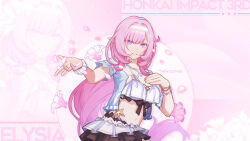 Rule 34 | 1girl, belly, blue eyes, bracelet, breasts, character name, chinese commentary, elysia (honkai impact), elysia (miss pink elf) (honkai impact), falling petals, flower, hand on own chest, highres, honkai (series), honkai impact 3rd, jewelry, large breasts, long hair, navel, necklace, official alternate costume, official art, official wallpaper, open clothes, open hand, parted lips, petals, pink flower, pointy ears, simple background, solo, upper body, very long hair, white headwear