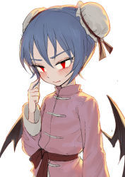 Rule 34 | 1girl, alternate costume, bat wings, blue hair, blush, bun cover, chinese clothes, closed mouth, double bun, fkey, twirling hair, long sleeves, looking down, red eyes, remilia scarlet, short hair, simple background, solo, touhou, upper body, white background, wings