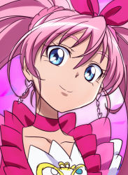Rule 34 | 10s, 1girl, blue eyes, bow, choker, cure melody, earrings, eyelashes, frills, hair ornament, hair ribbon, happy, houjou hibiki, jewelry, long hair, looking at viewer, magical girl, oimanji, pink bow, pink hair, precure, ribbon, shirt, sketch, smile, solo, suite precure, twintails