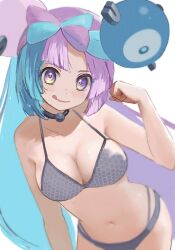 1girl bikini blue_hair blush bow-shaped_hair breasts character_hair_ornament cleavage collarbone creatures_(company) game_freak grey_bikini hair_ornament hand_up hexagon_print highres iono_(pokemon) long_hair low-tied_long_hair medium_breasts multicolored_hair navel nintendo pink_hair pokemon pokemon_sv ringosan2329 smile solo split-color_hair swimsuit tongue tongue_out x