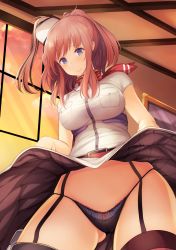 Rule 34 | 10s, 1girl, blue eyes, breast pocket, breasts, brown hair, clothes lift, dress, dress lift, evening, from below, garter straps, gluteal fold, groin, hair between eyes, hair ornament, highres, impossible clothes, indoors, kantai collection, large breasts, lifted by self, lips, long hair, looking at viewer, neckerchief, panties, pantyshot, pocket, ponytail, red neckerchief, red thighhighs, saratoga (kancolle), side ponytail, sidelocks, smokestack, solo, standing, thighhighs, thighs, tobi-mura, underwear, white dress, window