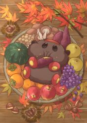 Rule 34 | acorn, animal focus, apple, autumn leaves, bowl, branch, chestnut, commentary request, eating, food, food on face, fruit, full body, grapes, green apple, guinea pig, highres, leaf, looking at viewer, lying, maple leaf, mirahuru07, molcar, motor vehicle, mushroom, no humans, on back, persimmon, pui pui molcar, pumpkin, red apple, solo, sweet potato, teddy (pui pui molcar)