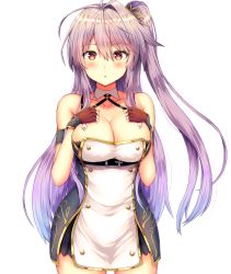 Rule 34 | 1girl, :o, ahoge, azur lane, bare shoulders, blush, breasts, buran (22x), cleavage, collarbone, cowboy shot, dress, fingerless gloves, gloves, grenville (azur lane), hair between eyes, hair ornament, hands up, highres, large breasts, long hair, looking at viewer, multicolored hair, open mouth, purple hair, red eyes, short dress, side ponytail, sidelocks, simple background, sleeveless, sleeveless dress, solo, underbust, white background