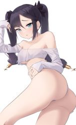 Rule 34 | 1girl, alternate costume, ass, bare shoulders, black hair, blue eyes, bow, breasts, crop top, crop top overhang, genshin impact, hair bow, hand up, highres, long hair, long sleeves, looking at viewer, mona (genshin impact), no bra, no pants, off shoulder, panties, parted lips, shirt, sidelocks, sleeves past wrists, small breasts, solo, steeb, thighs, twintails, twisted torso, underwear, white panties, white shirt