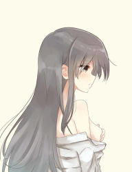Rule 34 | 10s, 1girl, bare shoulders, beige background, black hair, breasts, brown eyes, covering privates, covering breasts, haruna (kancolle), highres, kantai collection, long hair, looking to the side, off shoulder, profile, seki (l0410706268), shirt, simple background, solo, upper body, white shirt, yellow background