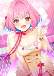 Rule 34 | 1girl, ahoge, alternate costume, angel wings, blue hair, blurry, blurry background, blush, breasts, choker, cleavage, clothes writing, collarbone, cowboy shot, dress, fangs, feather dress, feathered wings, glowstick, hair between eyes, hair intakes, hair ornament, hanazono rinko, hand up, heart, idolmaster, idolmaster cinderella girls, idolmaster cinderella girls starlight stage, jewelry, medium breasts, multicolored hair, o-ring, o-ring choker, open mouth, pink choker, pink eyes, pink hair, pink ribbon, ribbon, ring, short hair, smile, stage, standing, tongue, two-tone hair, white dress, wings, yumemi riamu