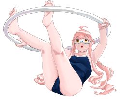 Rule 34 | 1girl, ahoge, ass, bare arms, bare legs, bare shoulders, barefoot, blue one-piece swimsuit, commentary request, competition school swimsuit, double bun, full body, glasses, hair bun, highres, holding, hoop, kantai collection, legs up, leotard, long hair, looking at viewer, lying, makigumo (kancolle), ojipon, on back, one-piece swimsuit, pink hair, school swimsuit, solo, swimsuit, twintails, yellow eyes