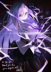 Rule 34 | 1girl, absurdres, belt, black background, black gloves, black pantyhose, black skirt, commission, electricity, gloves, glowing, gradient hair, grey hair, hakusyokuto, highres, holding, holding sword, holding weapon, light purple hair, lightning, long hair, long sleeves, looking at viewer, magic, multicolored hair, original, pantyhose, parted lips, pleated skirt, purple hair, skeb commission, skirt, solo, sword, weapon