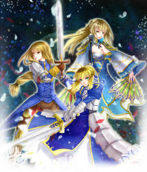 Rule 34 | 3girls, agrias oaks, ahoge, armor, armored dress, artoria pendragon (fate), blonde hair, blue eyes, braid, breasts, brown eyes, cleavage cutout, clothing cutout, color connection, crossover, dress, excalibur (fate/stay night), hand fan, fate/stay night, fate (series), faulds, final fantasy, final fantasy tactics, gauntlets, highres, large breasts, long hair, look-alike, multiple crossover, multiple girls, pauldrons, ponytail, saber (fate), shin sangoku musou, shin sangoku musou 6, shoulder armor, single braid, sword, trait connection, wang yuanji, weapon, yellow eyes, yusoson