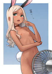Rule 34 | 1girl, absurdres, animal ears, blonde hair, blush, breasts, choker, convenient censoring, dark-skinned female, dark skin, electric fan, fake animal ears, green eyes, highres, kakinomai, long hair, navel, nipples, nude, open mouth, original, rabbit ears, rabbit tail, simple background, small breasts, solo, sweat, tail, translated, two-tone background