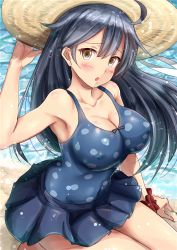 Rule 34 | 10s, 1girl, :o, ahoge, beach, black hair, blush, breasts, brown eyes, cleavage, covered erect nipples, female focus, hand on headwear, hat, ichikawa feesu, kantai collection, kneeling, large breasts, long hair, looking at viewer, open mouth, polka dot, polka dot swimsuit, scrunchie, sitting, skirt, solo, sun hat, swimsuit, ushio (kancolle), wrist scrunchie