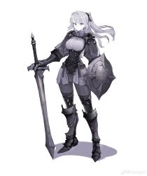 Rule 34 | 1girl, absurdres, armor, breasts, colored skin, full body, grey eyes, grey hair, highres, holding, holding shield, holding sword, holding weapon, jun (navigavi), long hair, looking at viewer, medium breasts, original, ponytail, shadow, shield, simple background, slit pupils, solo, standing, sword, weapon, weibo logo, weibo watermark, white background, white skin