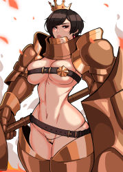 Rule 34 | 1girl, absurdres, alecto 0, armor, belt bra, bikini armor, breasts, capcom, crown, female focus, highres, lance, large breasts, looking at viewer, monster hunter (series), navel, polearm, shield, simple background, solo, standing, weapon, white background