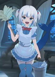 Rule 34 | 1girl, :d, absurdres, alternate costume, apron, belt, blue eyes, blue hair, blue shirt, blue thighhighs, bucket, bucket of water, duster, fins, fish tail, flat chest, frilled apron, frilled skirt, frills, gawr gura, hair between eyes, hair ornament, highres, hololive, hololive english, indoors, looking at viewer, maid apron, multicolored hair, open mouth, red neckwear, reflector178, shark girl, shark hair ornament, shark print, shark tail, sharp teeth, shirt, short hair, silver hair, skirt, smile, solo, streaked hair, tail, teeth, thighhighs, two side up, virtual youtuber, white belt, zettai ryouiki