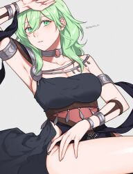 Rule 34 | 1girl, arm up, armlet, armpits, bare shoulders, black dress, bracelet, breasts, byleth (female) (fire emblem), byleth (fire emblem), choker, cleavage, collarbone, commentary, dancer (fire emblem: three houses), dress, enlightened byleth (female), expressionless, fire emblem, fire emblem: three houses, green eyes, green hair, hair between eyes, highres, jewelry, large breasts, looking at viewer, medium breasts, medium hair, nintendo, official alternate costume, official alternate hair color, parted lips, peach11 01, single-shoulder dress, solo, thighs