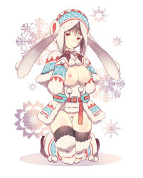 Rule 34 | 1girl, belt, black thighhighs, blush, boots, breasts, breasts out, brown hair, capcom, domotolain, hat, kneeling, lagombi (armor), monster hunter (series), nipples, pussy, red eyes, short hair, snowflakes, solo, thighhighs, uncensored