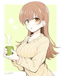 Rule 34 | 1girl, alternate costume, beige sweater, brown eyes, brown hair, collarbone, cup, green background, kantai collection, long hair, looking at viewer, ooi (kancolle), ribbed sweater, rui shi (rayze ray), solo, star (symbol), steam, sweater, twitter username, upper body, yunomi