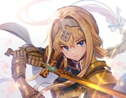 Rule 34 | 1girl, alice zuberg, armor, blonde hair, blue eyes, bow, braid, braided ponytail, breastplate, closed mouth, falling petals, fighting stance, gauntlets, gold armor, hair between eyes, hair bow, headpiece, highres, holding, holding sword, holding weapon, long hair, looking at viewer, petals, serious, shoulder armor, solo, sword, sword art online, sword art online: alicization, upper body, weapon, white background, white bow, yappo (point71)
