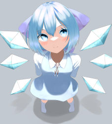 Rule 34 | 1girl, absurdres, arms behind back, blue bow, blue dress, blue eyes, blue hair, blush, bow, cirno, dress, fal-faaaaaaal, foreshortening, from above, full body, grey background, hair between eyes, hair bow, highres, ice, ice wings, legs apart, light smile, looking at viewer, looking up, puffy sleeves, red ribbon, revision, ribbon, shadow, short hair, simple background, solo, standing, touhou, white legwear, wings