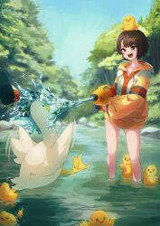 Rule 34 | 1girl, :d, bird, blue sky, brown hair, commentary request, day, dokurokou, duck, duckling, green eyes, green jacket, highres, holding, holding water gun, hololive, hood, hood down, jacket, multicolored clothes, multicolored jacket, official alternate costume, oozora subaru, oozora subaru (hololive summer 2019), open mouth, rock, sky, smile, solo, standing, subaru duck, tree, two-tone jacket, virtual youtuber, wading, water, water gun, yellow jacket