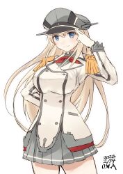 Rule 34 | 1girl, artist name, beret, bismarck (kancolle), blonde hair, blue eyes, breasts, buttons, cosplay, dated, double-breasted, epaulettes, frilled sleeves, frills, gloves, grey skirt, hat, highres, jacket, kantai collection, kashima (kancolle), kashima (kancolle) (cosplay), large breasts, long hair, long sleeves, looking at viewer, military, military jacket, military uniform, miniskirt, neckerchief, one-hour drawing challenge, owa (ishtail), peaked cap, pleated skirt, red neckerchief, simple background, skirt, solo, uniform, white background, white gloves, white jacket