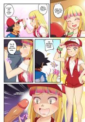 Rule 34 | 1boy, 1girl, :d, ash ketchum, blonde hair, blush, comic, creatures (company), drooling, english text, erection, female pervert, game freak, gazing eye, happy, heart, heart-shaped pupils, hetero, highres, looking at penis, nail polish, nintendo, open mouth, penis, penis awe, pervert, pokemon, pokemon (anime), pokemon the movie: the power of us, risa (pokemon), smile, speech bubble, symbol-shaped pupils, uncensored