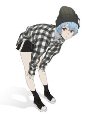 Rule 34 | 1girl, ayanami rei, beanie, bent over, black footwear, black hat, black shorts, black socks, casual, checkered clothes, checkered shirt, from side, full body, grey shirt, hat, highres, long sleeves, looking at viewer, neon genesis evangelion, parted lips, red eyes, sankomichi, shirt, shoes, short shorts, shorts, simple background, socks, solo, white background