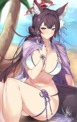 Rule 34 | 1girl, absurdres, animal ear fluff, animal ears, arms up, beach, bikini, black hair, blue archive, blush, breasts, cleavage, colored inner hair, flower, fox ears, fox girl, fox tail, hair flower, hair ornament, halo, highres, kuma (jk0073), large breasts, long hair, looking at viewer, multicolored hair, navel, ocean, official alternate costume, palm tree, red hair, signature, sitting, skindentation, solo, stomach, sweat, swimsuit, tail, thick thighs, thigh strap, thighs, tree, two-tone hair, wakamo (blue archive), wakamo (swimsuit) (blue archive), white bikini, yellow eyes