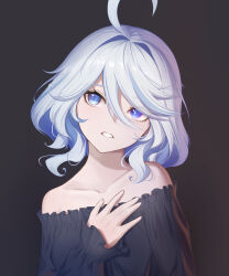 Rule 34 | 1girl, absurdres, ahoge, bare shoulders, black background, black shirt, blue eyes, collarbone, commentary, duckntea, furina (genshin impact), genshin impact, hair intakes, head tilt, highres, long sleeves, looking at viewer, off-shoulder shirt, off shoulder, parted lips, shirt, short hair, simple background, solo, symbol-only commentary, upper body, white hair