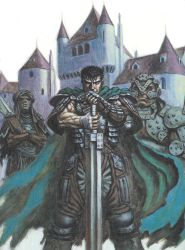 Rule 34 | 3boys, armor, berserk, black hair, cape, castle, day, facing viewer, feet out of frame, guts (berserk), helmet, highres, holding, holding sword, holding weapon, male focus, miura kentarou, multiple boys, official art, outdoors, planted, planted sword, planted weapon, scan, silat, standing, sword, turban, weapon